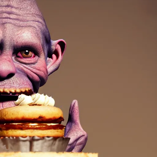 Image similar to closeup portrait of a medieval goblin eating cakes, depth of field, zeiss lens, detailed, symmetrical, centered, fashion photoshoot, by annie leibovitz and steve mccurry, david lazar, jimmy nelsson, breathtaking, 8 k resolution, extremely detailed, beautiful, establishing shot, artistic, hyperrealistic, beautiful face, octane render