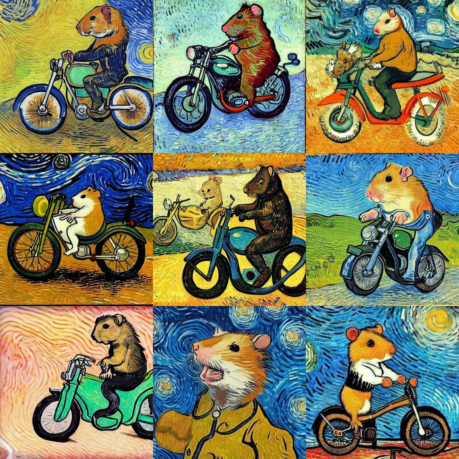 Prompt: a hamster riding a motorcycle in Finland, van gogh style