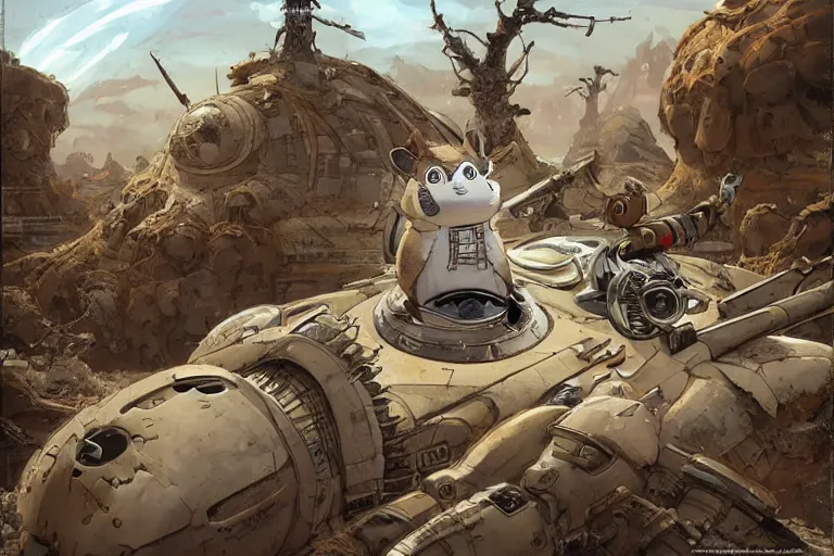 Image similar to anthropomorphic rodent with white and black ancestral ornate japanese tactical gear on an abandonment desert planet, high intricate details, long shot, rule of thirds, golden ratio, graphic novel by fiona staples and dustin nguyen, by beaststars and orange, peter elson, alan bean, studio ghibli, makoto shinkai