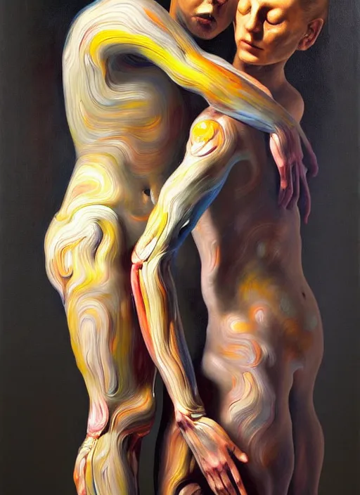 Image similar to a strange, biomorphic painting of two humanoid figures entwined, in the style of jenny saville, in the style of charlie immer, part by gerhard richter, highly detailed, dramatic, emotionally evoking, head in focus, volumetric lighting, oil painting, timeless disturbing masterpiece