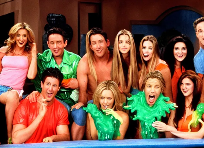 Prompt: the cast of friends getting slimed by nickelodeon