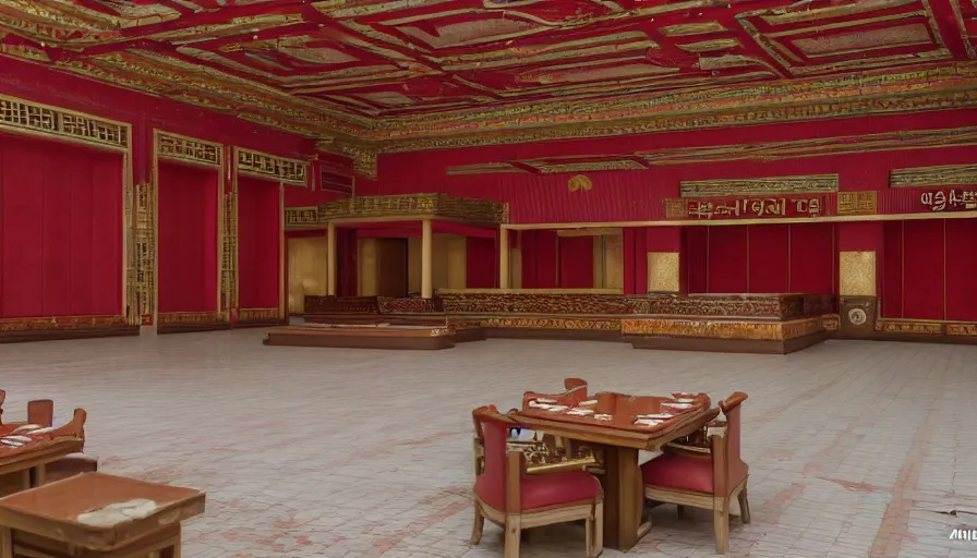 Image similar to 2020s movie still of empty north-korean royal restaurant palace, Leica SL2 50mm, high quality, higly detailed