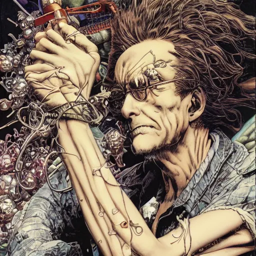 Image similar to closeup of mad scientist, by yoichi hatakenaka, masamune shirow, josan gonzales and dan mumford, ayami kojima, takato yamamoto, barclay shaw, karol bak