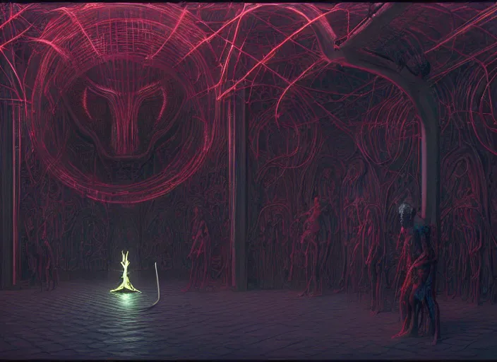 Image similar to satanic ritual, neon, they are watching, RGB, glowing wires everywhere, pristine, by Edgar Maxence and Ross Tran, Zdzisław Beksiński, and Michael Whelan, distant, gustav dore, H.R. Giger, 8k, octane render