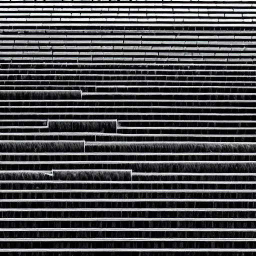 Image similar to black and white surreal photograph, highly detailed vast space made of stairsteps, sideview, detailed textures, natural light, mist, architecture photography, film grain, soft vignette, sigma 1 4 mm f / 1. 4 1 / 1 0 sec shutter, darren aronofsky film still promotional image, imax 7 0 mm footage