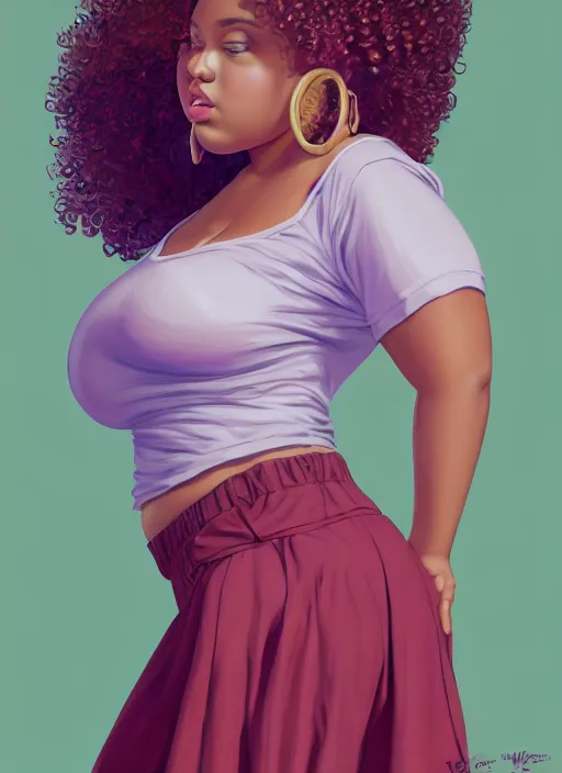 Image similar to full body portrait, teenage vanessa morgan, pink hair, brown skin, obese, curly pixie hair, sultry, realistic, short hair, hoop earrings, skirt, shirt, fat, belly, intricate, elegant, highly detailed, digital painting, artstation, concept art, smooth, sharp focus, illustration, art by wlop, mars ravelo and greg rutkowski