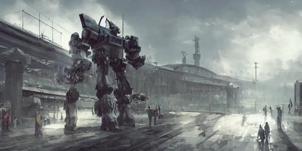 Prompt: a russian mecha, train station in summer, matte painting, afternoon, drama, by rozalski, artstation