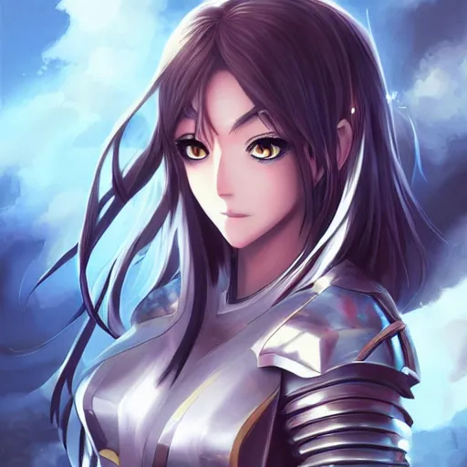 Image similar to a portrait of an attractive knight female anime character with long hair, full shot, high detail artgerm