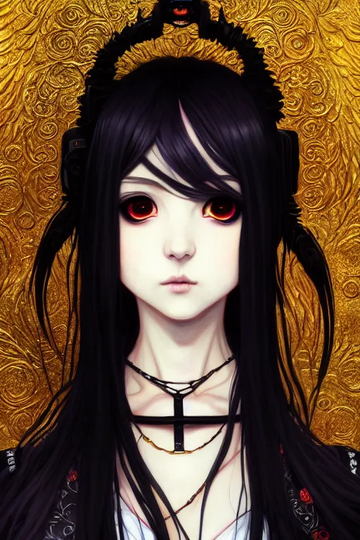 Prompt: portrait of beautiful young gothic anime maiden, cute-fine-face, pretty face, realistic shaded Perfect face, fine details. Anime, cyberpunk, Warhammer, Warhammer, Warhammer, highly detailed, artstation, illustration, art by Ilya Kuvshinov and Gustav Klimt and Gustav Klimt and Gustav Klimt and Gustav Klimt