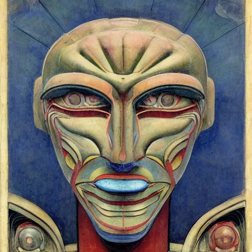 Image similar to head of a robot shaman, by annie swynnerton and edward hopper and jean delville and rufino tamayo and diego rivera and evelyn de morgan, art deco shaman, stylized geometric flowers, art brut, outsider art, symbolist, dramatic lighting, god rays, clean crisp graphics, smooth sharp focus, extremely detailed, adolf wolfli