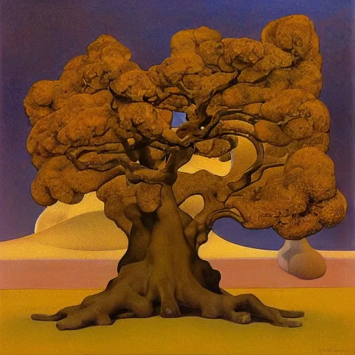 Prompt: Oak of shame, by Bekzinsky, by Salvador Dali, by Antoni Gaudi, by Maxfield Parrish, by Nicholas Roerich, by H.R. Giger