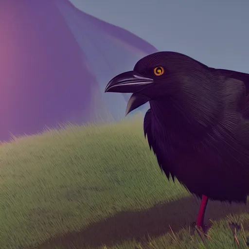 Prompt: a wholesome animation key shot of a crow on a hill, simetrical medium shot, studio ghibli, pixar and disney animation, sharp, rendered in unreal engine 5, anime key art by greg rutkowski, bloom, dramatic lighting