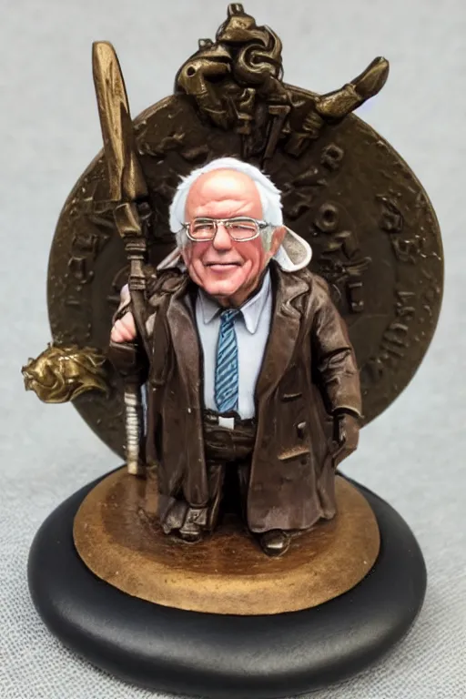 Prompt: a resin miniature of Bernie Sanders in Warhammer, miniature product photo, full body, on textured disc base, 4K, HD