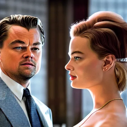 Image similar to leonardo dicaprio as the wolf of wall street next to margot robbie as naomi from the wolf of wall street, hyper realistic faces, cinematic, long shot, hyper detailed, 8 5 mm photograph, 8 k resolution, film still, sharp lens, wide lens