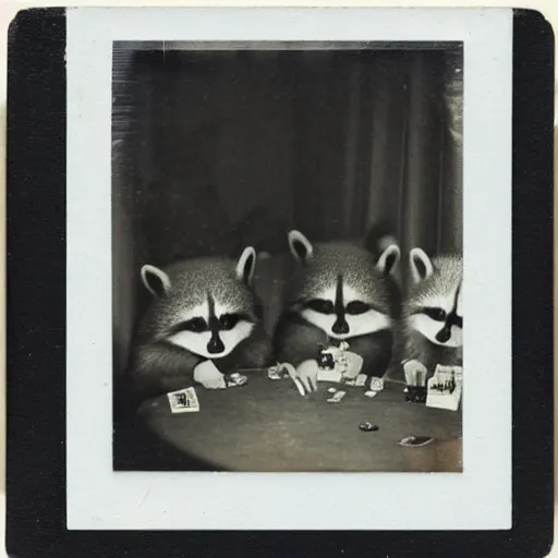 Prompt: polaroid photo of gangster raccoons in smokings, smooking cigar, playing poker, dollars on table