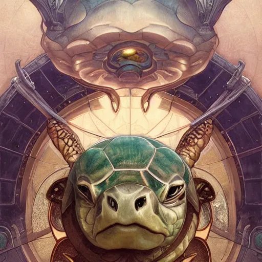 Prompt: a huge turtle wearing a mitre, Elden Ring, symmetrical, D&D character art, portrait, digital painting, Peter Mohrbacher, Alphonse Mucha, Brian Froud, Yoshitaka Amano, Kim Keever, Victo Ngai, James Jean