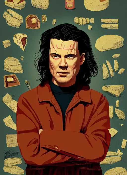 Prompt: Twin Peaks poster artwork by Michael Whelan, Bob Larkin and Tomer Hanuka, of portrait of Channing Tatum the local pastry chef, from scene from Twin Peaks, simple illustration, domestic, nostalgic, from scene from Twin Peaks, clean, cover of New Yorker magazine