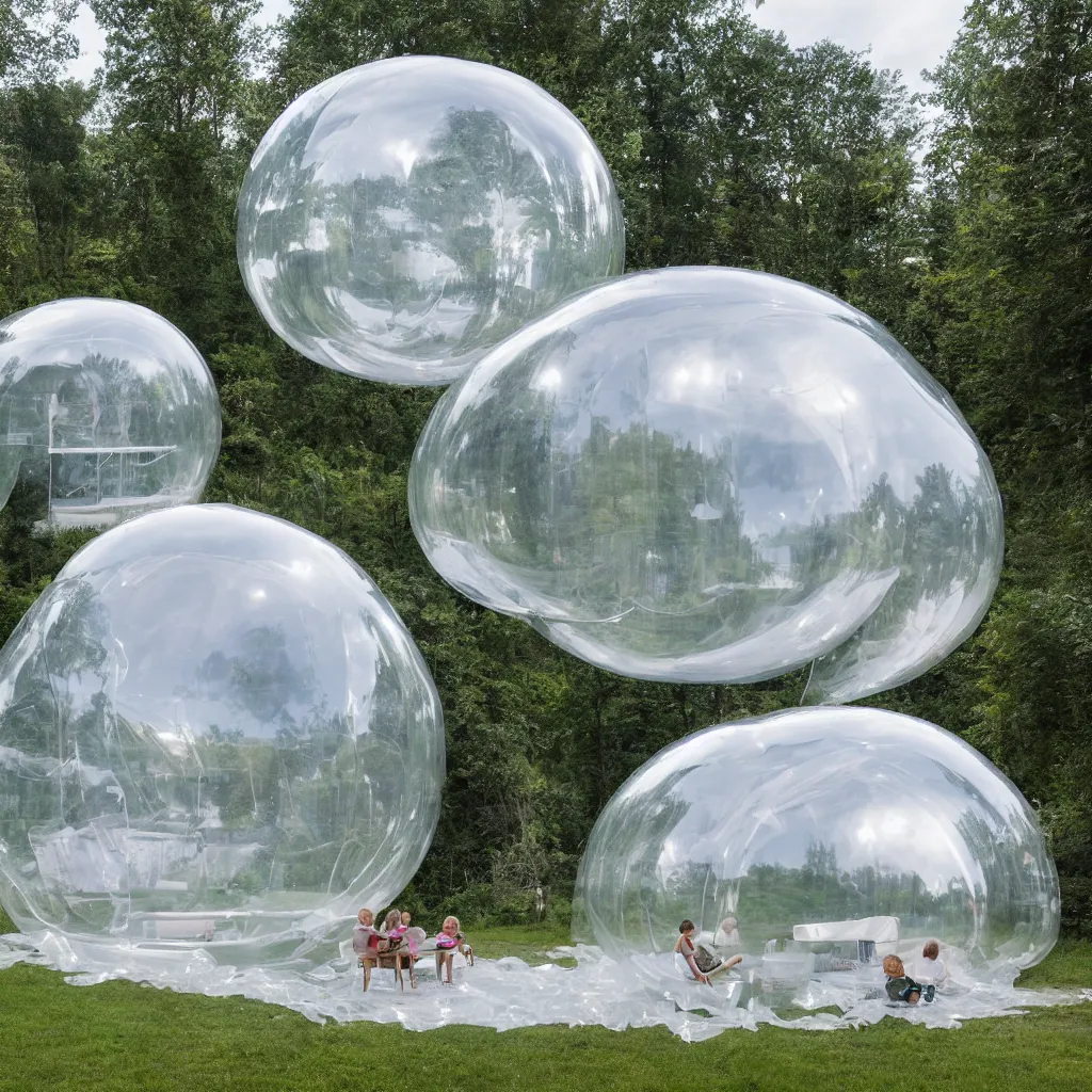 Prompt: an inflatable house made of clear plastic sheeting. The house is made of 8 inflated bubbles. The inflated house sits in a lake on the edge of a forest. A family is living inside the bubble house and it is furnished with contemporary furniture and art. ultra wide shot, coronarender, 8k, photorealistic