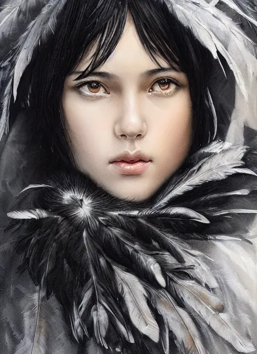 Prompt: a teenage fit girl with very short black hair and a huge cloak made of grey and black feathers. beautiful highly detailed face. beautiful painting by artgerm and greg rutkowski and raymond swanland, detailed portrait, closeup