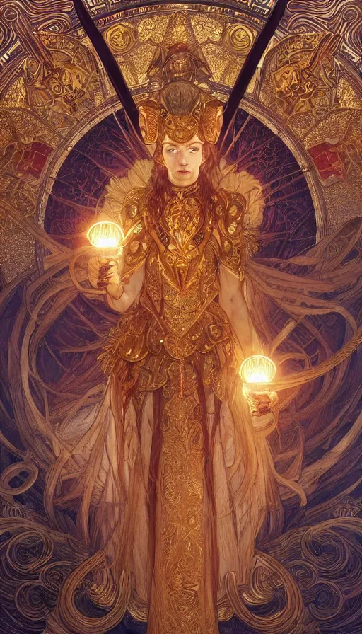 Prompt: masterpiece, aries fiery ram tarot, holy light, intricate armor, elegant, highly detailed, digital painting, artstation, concept art, smooth, sharp, focus, illustration, art by artgerm , james jean, gustav klimt, greg rutkowski, and alphonse mucha