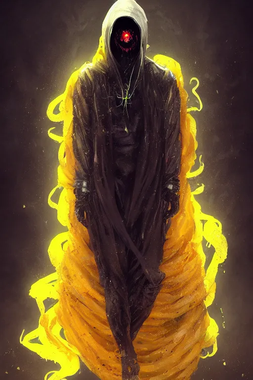 Prompt: A full body portrait of a mysterious character with no face with a very long hooded yellow cloak with black tentacles coming out the bottom and eyes floating in the air art by Maciej Kuciara and Jason Chan, ominous, cosmic horror, trending on artstation, Ultra detailed, hyper realistic 4k