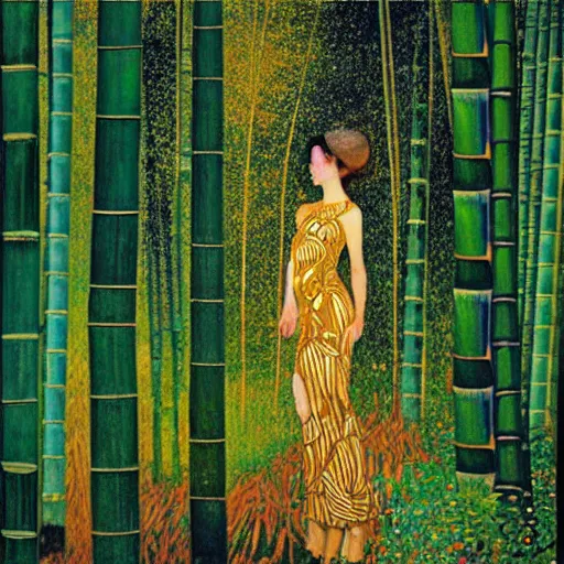 Image similar to fantasy art concept art beautiful lighting of a woman in a bamboo forest by klimt