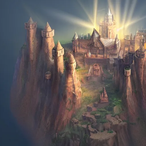 Prompt: The royal castle of a sacred family found in a large sand cavern. A ray of light shines from above through a crack in the rocks. Concept art, trending on artstation