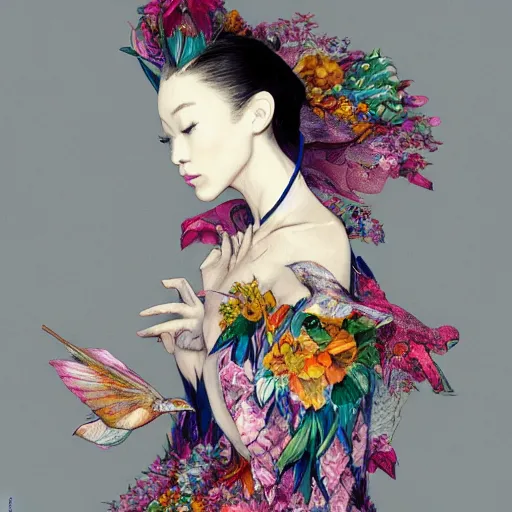 Image similar to 3 / 4 view of a beautiful girl wearing an origami dress, eye - level medium shot, fine floral ornaments in cloth and hair, hummingbirds, elegant, by eiko ishioka, givenchy, henri de toulouse - lautrec, by peter mohrbacher, centered, fresh colors, origami, fashion, detailed illustration, vogue, japanese, reallusion character creator