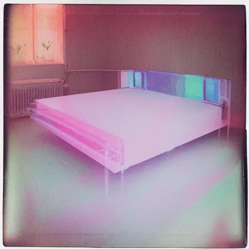 Prompt: a pastel coloured Polaroid photo of a bed made of transparent iridescent perspex stood in a field, beams of light, nostalgic