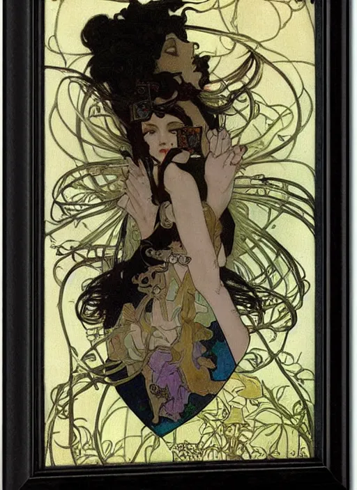 Image similar to Goth fractal girl, surreal Dada collage by Alphonse Mucha