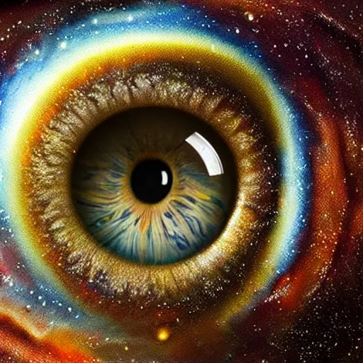 Image similar to a highly detailed photorealistic painting of a human eye reflecting the milky way galaxy