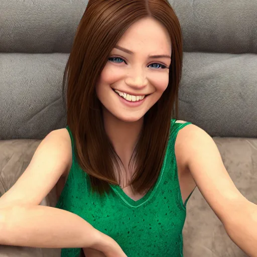 Image similar to Render of a cute 3d young woman smiling, long shiny bronze brown hair, full round face, emerald green eyes, medium skin tone, light cute freckles, smiling softly, wearing casual clothing, relaxing on a modern couch, interior lighting, cozy living room background, medium shot, mid-shot, soft focus, trending on Artstation, Unreal Engine 5 , 4k, professional photography, Portra 400