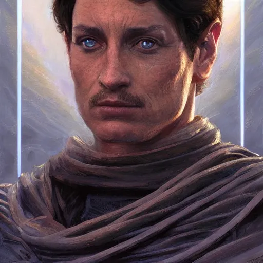 Image similar to paul atreides from dune, closeup portrait art by donato giancola and greg rutkowski, realistic face, digital art, trending on artstation, symmetry!!