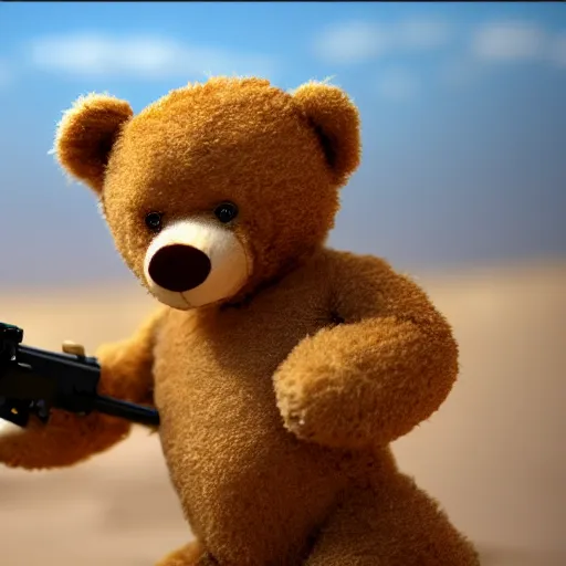 Image similar to cinematic shot of a teddy bear hip - firing a minigun in the desert, 8 k, depth of field, very intricate, very detailed,