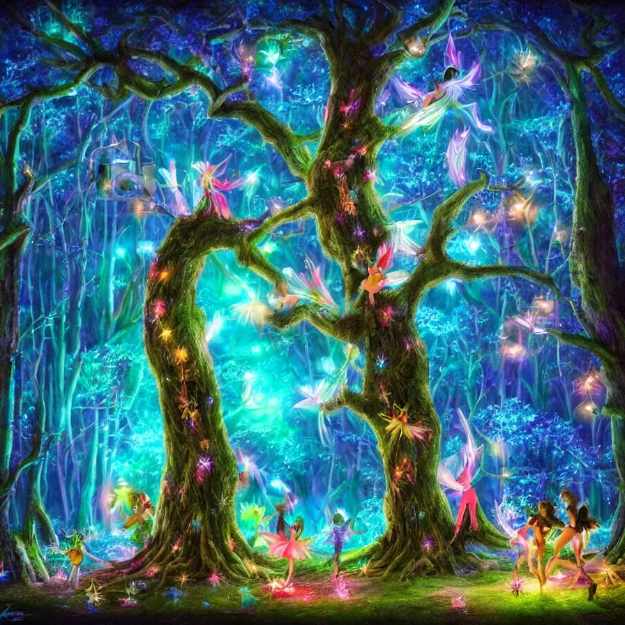 Image similar to a night carnival fairies around a magical tree next to a lake with iridiscent water, christmas lights, volumetric lightning, creatures and fantastic people disguised as fantastic creatures in a magical forest by summer night, masterpieceunderwater scene, masterpiece painted by kelton nelson, scene by night