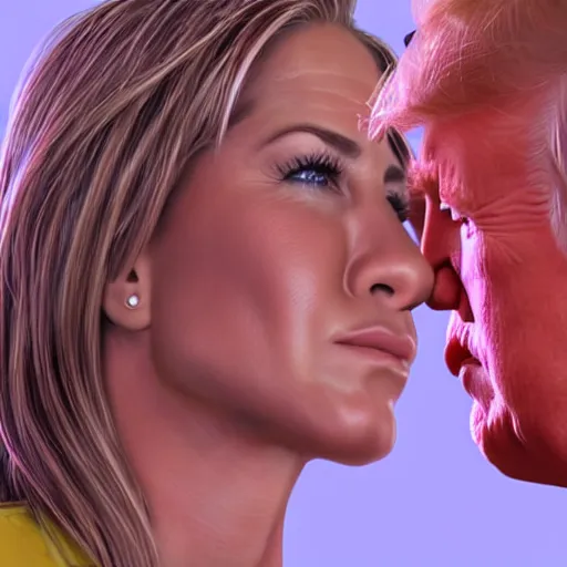 Image similar to photorealistic jennifer aniston punching donald trump. hyperdetailed photorealism, 1 0 8 megapixels, amazing depth, high resolution, 3 d shading, 3 d finalrender, 3 d cinematic lighting, glowing rich colors, psychedelic overtones, artstation concept art.