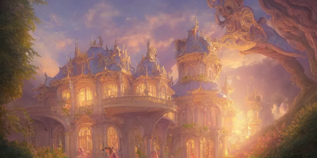 Image similar to hyperrealistic painting of fairy of love and her palace, in the style of Krenz Cushart, Moebius, and Muchain, Prismatic, Rococo, highly detailed, masterpiece, award-winning, sharp focus, intricate concept art, warm lighting, 8k, artstation