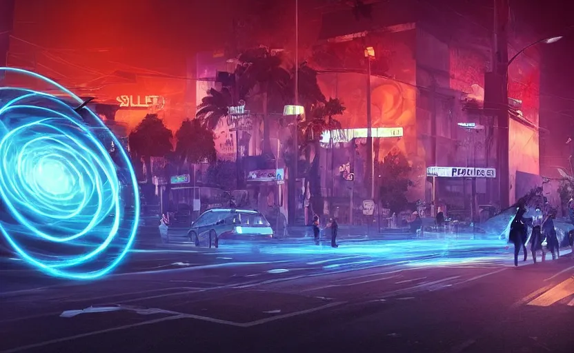 Image similar to people with posters attacking cops, a huge blue spiral - shaped white luminous attractor is floating on the horizon near the sun, stores in los angeles with light screens all over the street, concept art, art for the game, professional lighting, dark night lighting from streetlights