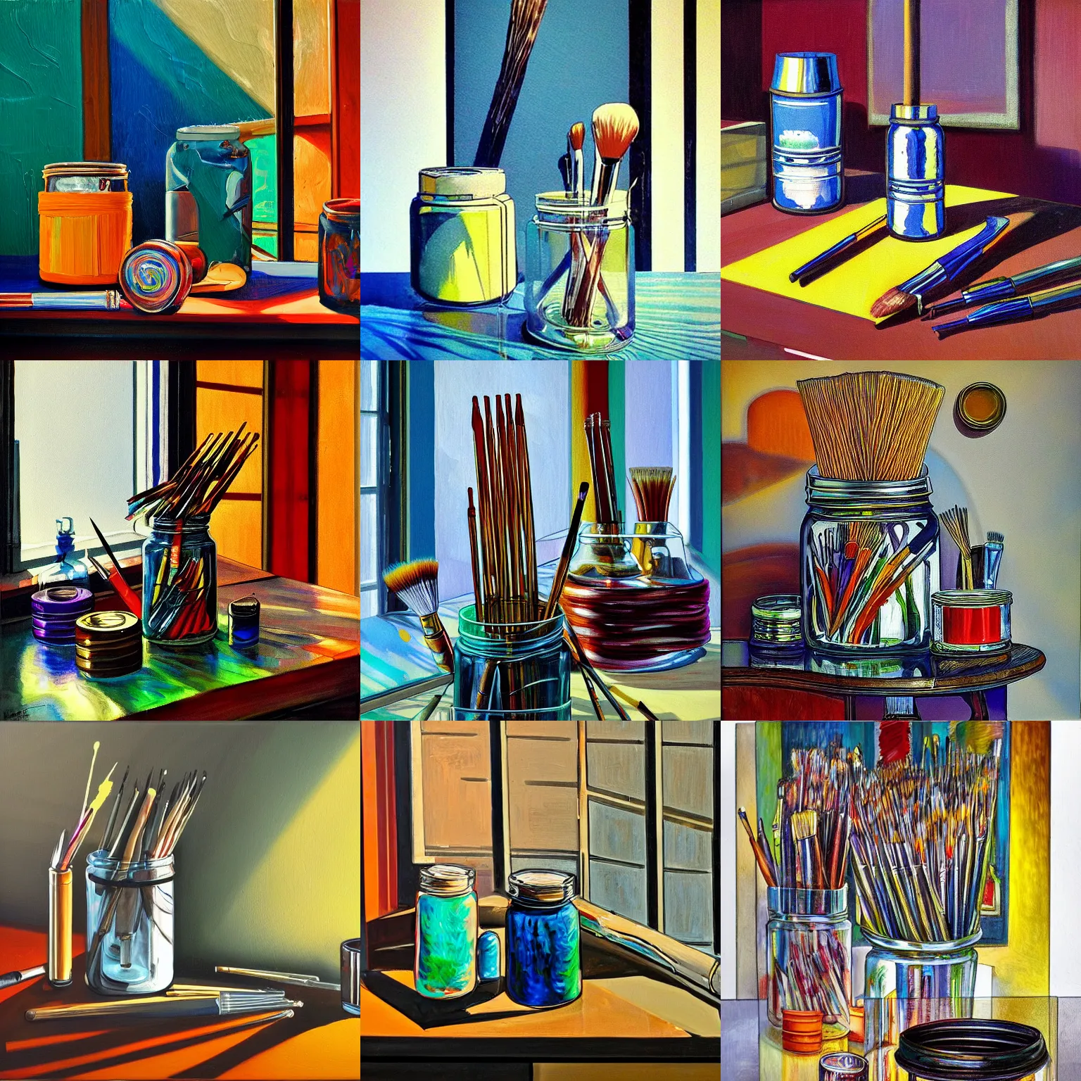 Prompt: gallery painting of paint brushes, tubes of paint, and glass canning jar of swirling ink shimmering on a desk, dramatic afternoon lighting, oil on canvas, heavy metal, by moebius