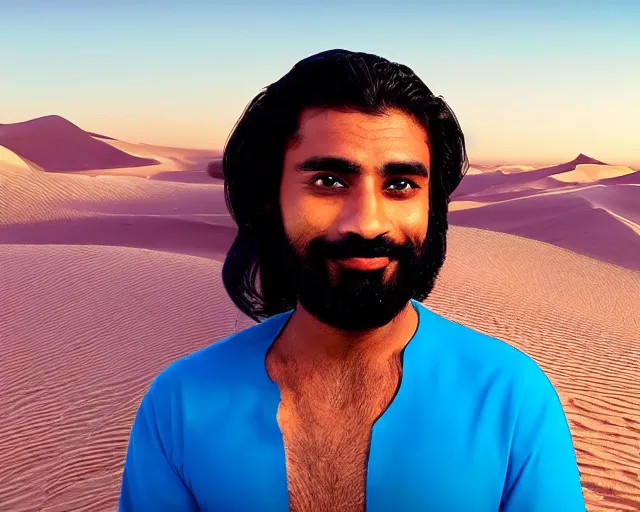 Image similar to a brown man aladdin floating on a magical carpet ride over the arabic desert. realistic 16k footage.