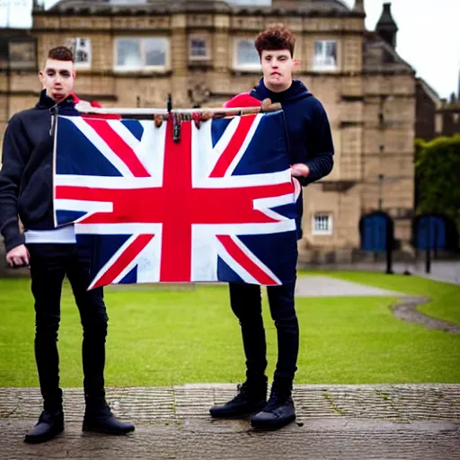 Image similar to mid-shot portrait photograph of two male British chav youths holding knives and smoking in front of the Union Jack, high quality