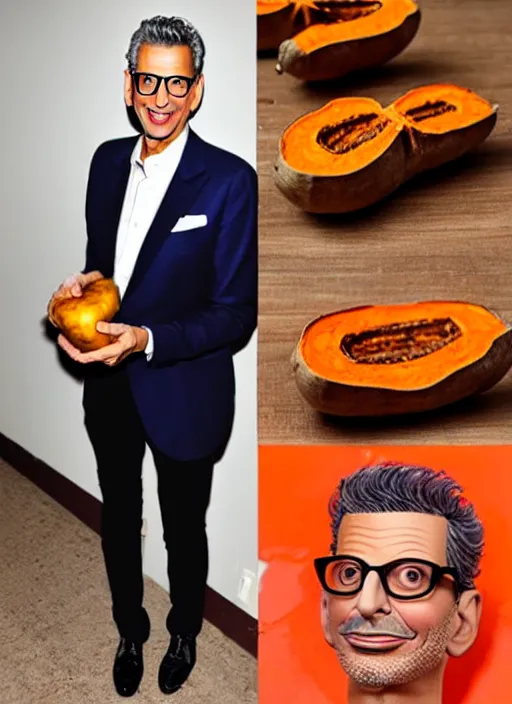 Image similar to jeff goldblum dressed up in a sweet potato