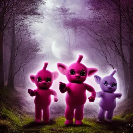 Image similar to demonic teletubbies in magical forest, dark atmosphere, high detail, soft lighting