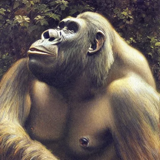 Image similar to highley detailed potrait of a silverback gorilla, painting by gaston bussiere, craig mullins, j. c. leyendecker, lights, art by ernst haeckel, john william godward, hammershøi,