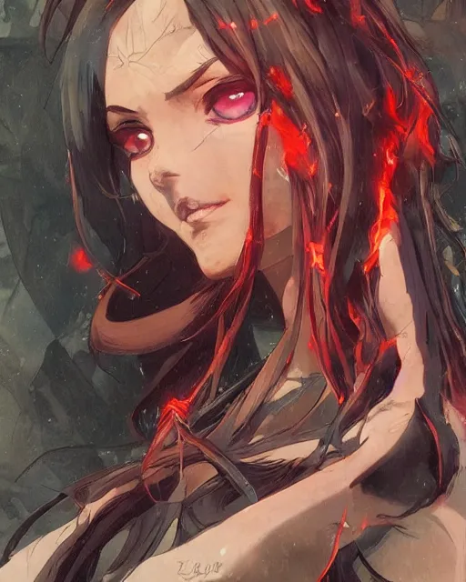 Image similar to red eyed anime girl, flames everywhere, highly detailed, digital painting, artstation, concept art, smooth, sharp focus, illustration, art by artgerm and greg rutkowski and alphonse mucha