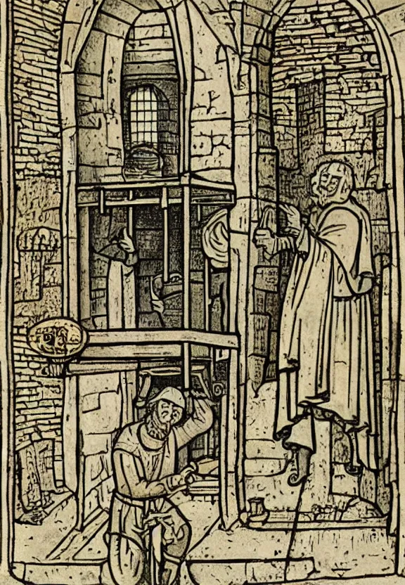 Prompt: Clear and detailed medieval illustration of a medieval jail