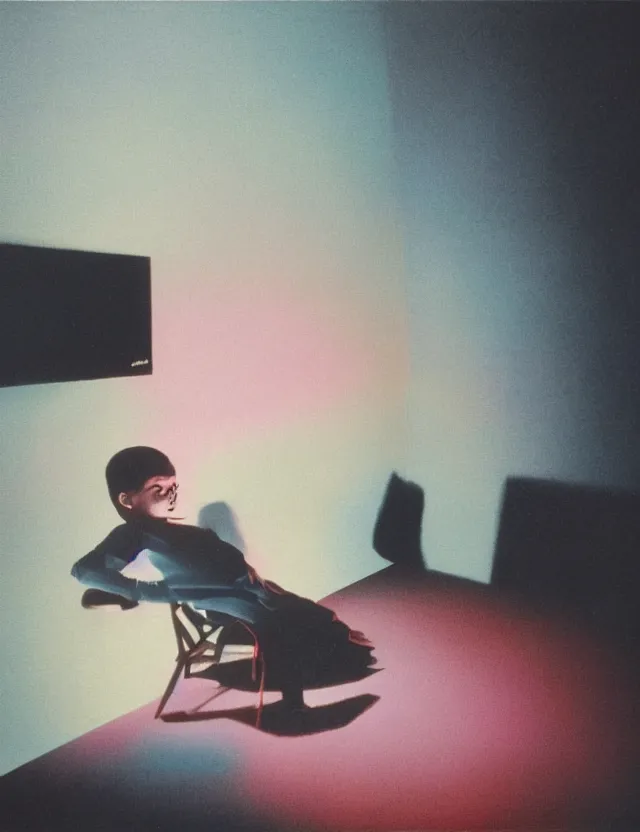 Image similar to boy in dark room sitting on a chair infront of tv, blue rays from tv, redshift, wide shot, coloured polaroid photograph, pastel, kodak film, hyper real, stunning moody cinematography, by maripol, fallen angels by wong kar - wai, style of suspiria and neon demon, david hockney, detailed, oil on canvas