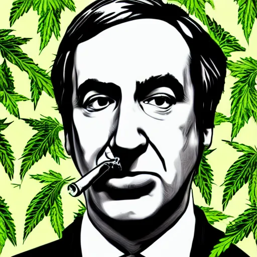 Prompt: Saul Goodman smoking, digital art, hemp leaves background