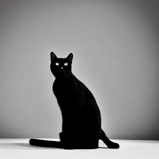 Prompt: photograph of a black cat sitting in a white room