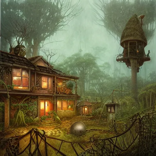 Image similar to a hyperrealistic painting of a steampunk cottage in the middle of an alien jungle, by john kenn mortensen and zdzislaw beksinski, highly detailed, vivid color,